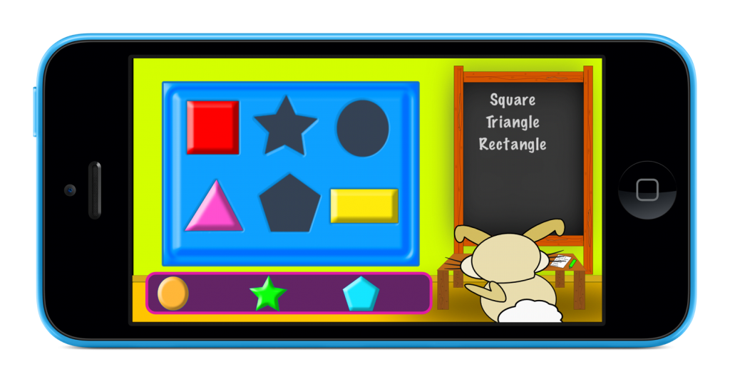 Screenshot for School Time with Heston showing Heston the rabbit in the shapes classroom.